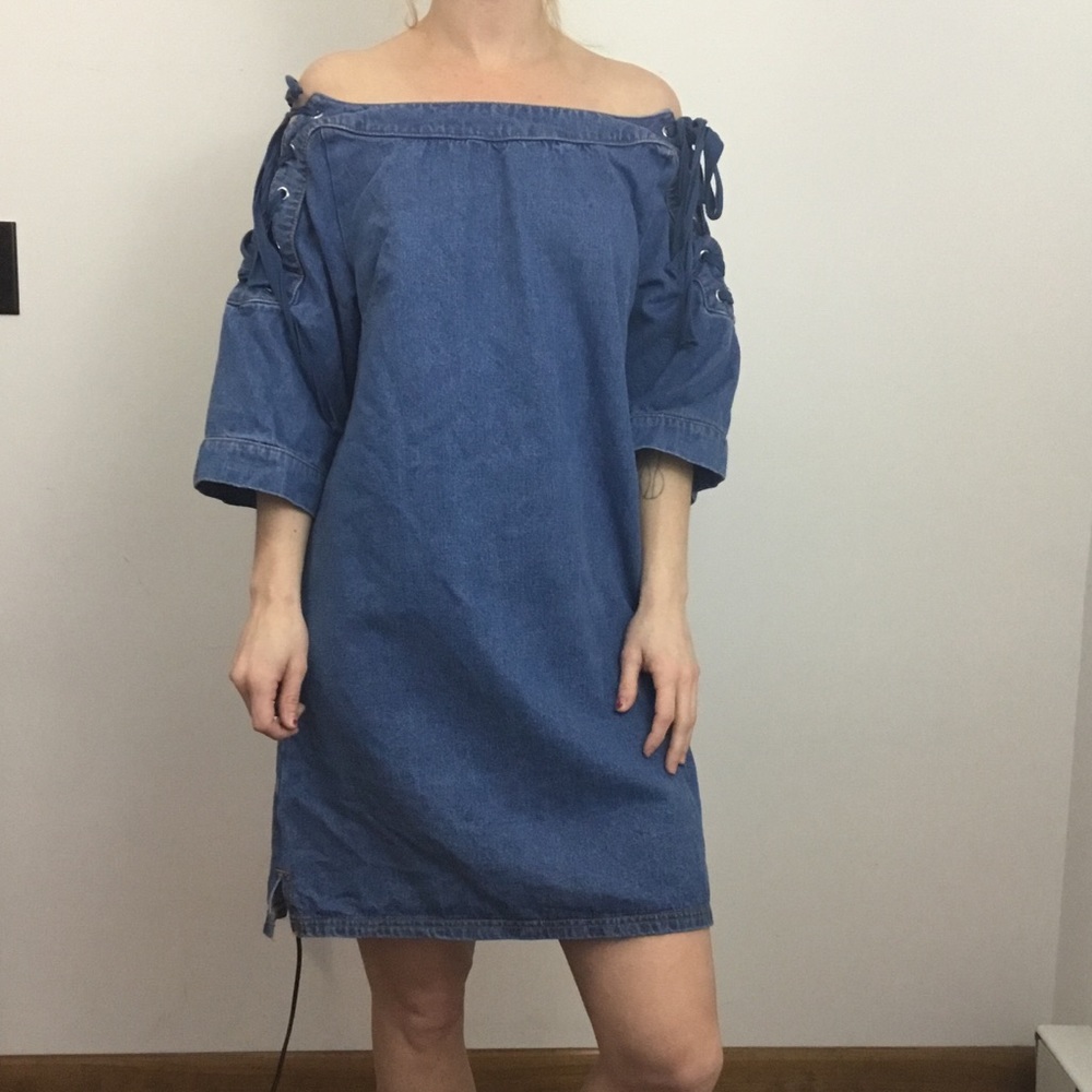 Maeve Denim Blue Lace Up Sleeve Shift Jean Dress - Picture 1 of 8
